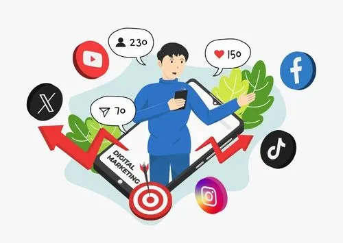 Illustration showing the use of AI across digital marketing, SEO and social media
