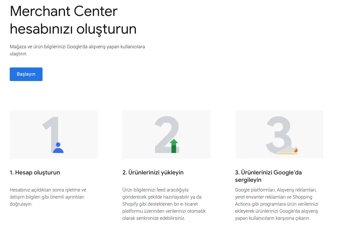 Merchant Center hesap kurulumunu gösteren görsel