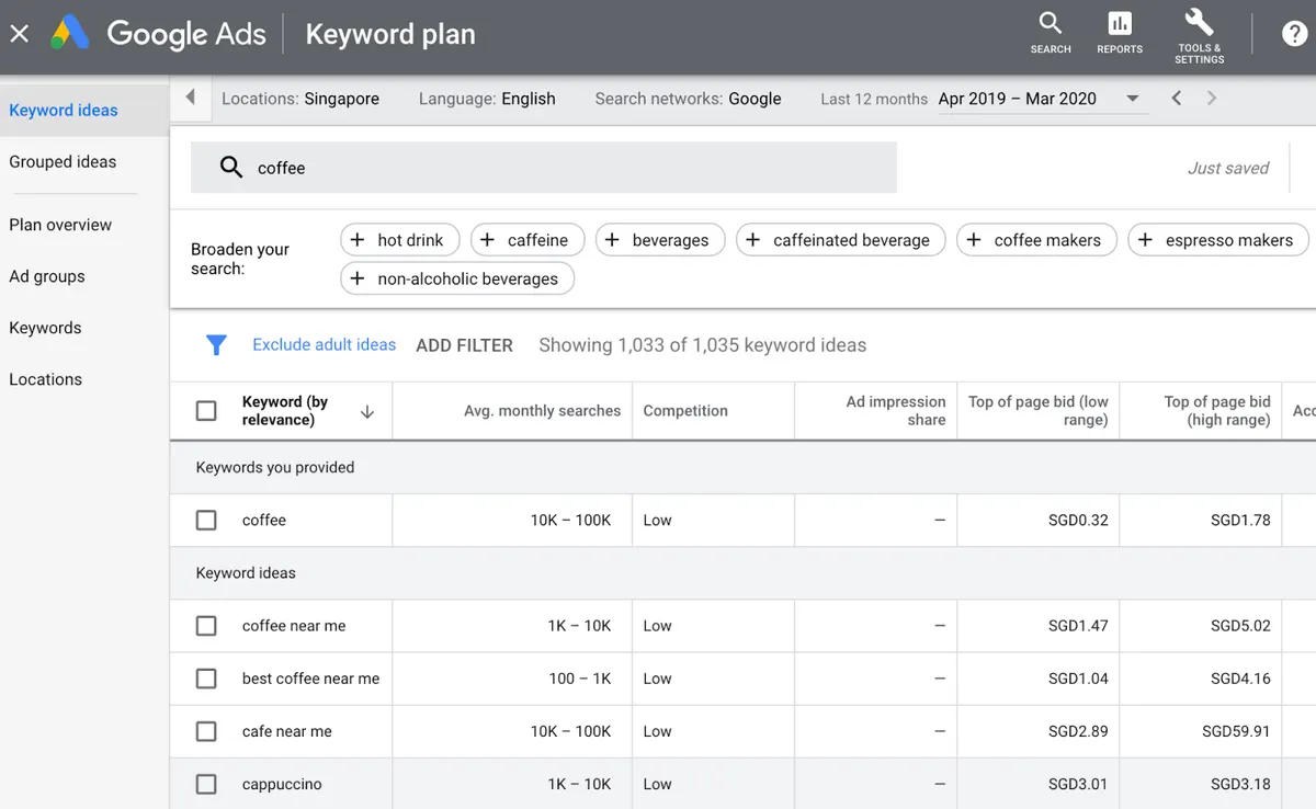 Google Keyword Planner screen