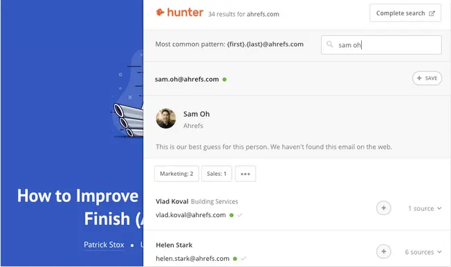 Hunter extension listing email addresses for a domain