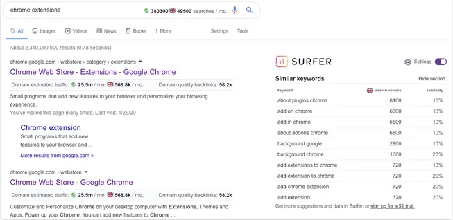Keyword Surfer extension displaying keyword data in search results