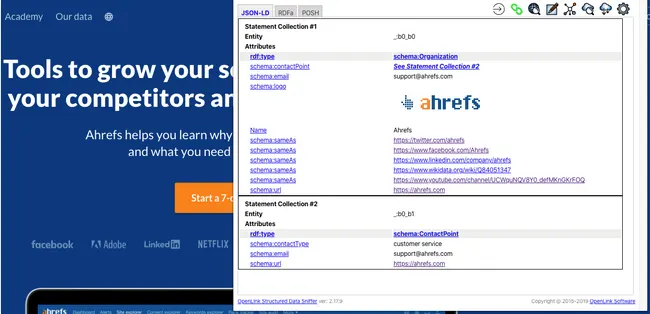 OpenLink Structured Data Sniffer extension displaying structured data output