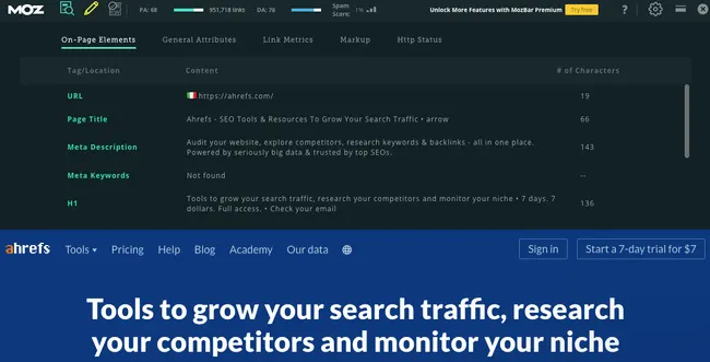 MozBar extension displaying domain and page authority values