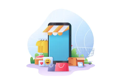 Mobil cihaz üzerinden yürütülen e-ticaret ve sosyal medya pazarlamasını gösteren görsel