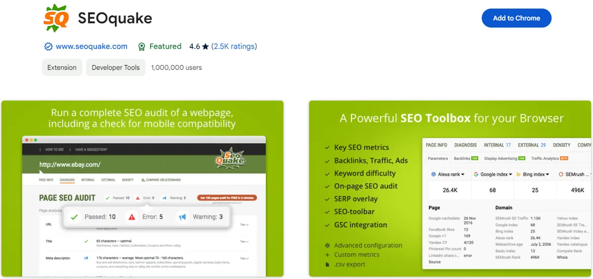SEOquake extension showing SEO parameters for a page