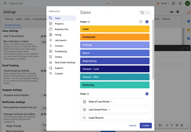 Streak CRM for Gmail extension showing a pipeline inside Gmail
