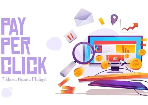 Masaüstü bilgisayarda tıklama başına ödeme reklamcılığını anlatan görsel