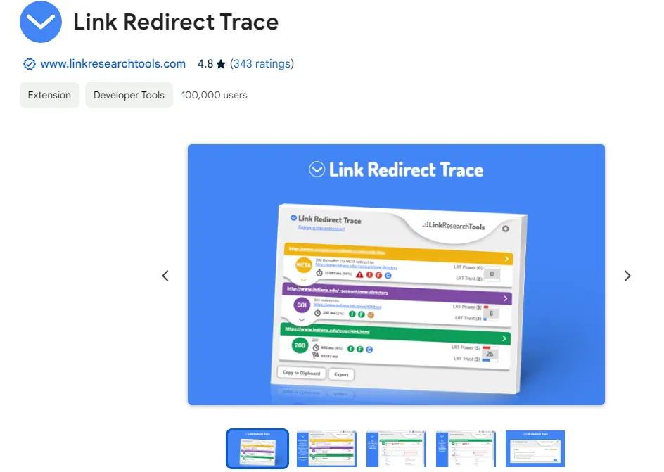 Link Redirect Trace extension showing a redirect chain