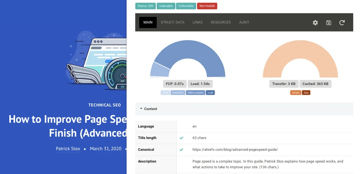 SEOInfo Chrome extension showing an on-page SEO report