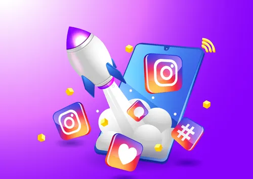 Akıllı telefonla Instagram üzerinden dijital pazarlamayı hızlandıran roket illüstrasyonu