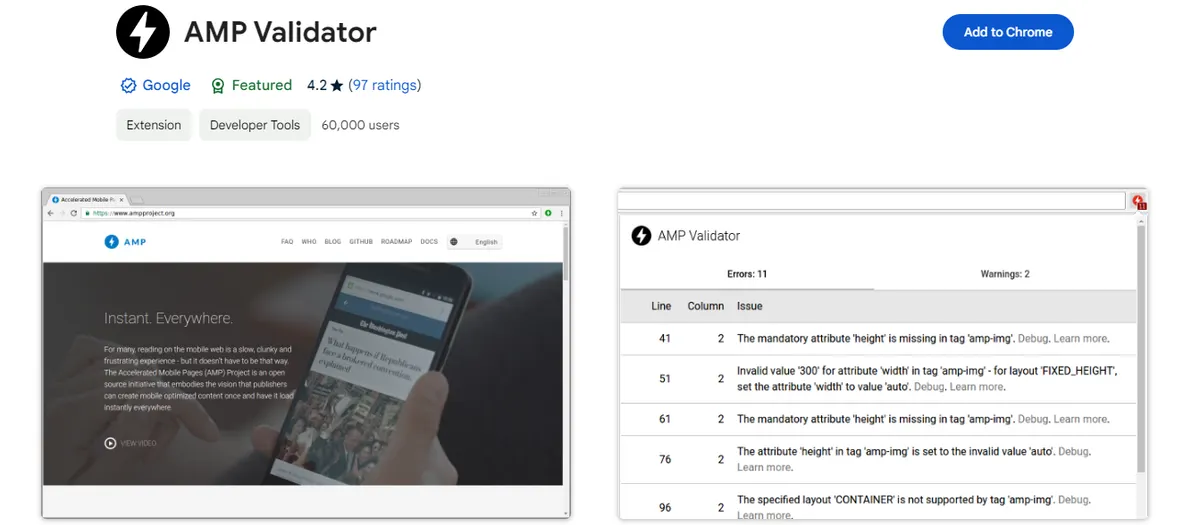 AMP Validator extension showing validation results